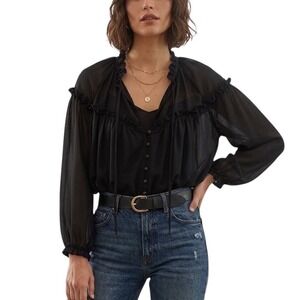 LOTUS‎ & LAVENDER Black Ruffle Tie Neck Sheer Blouse Women's Y2K Size M